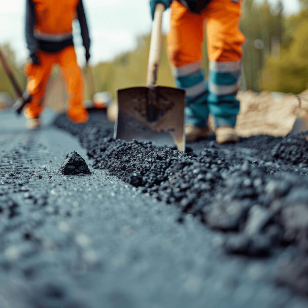 shovel digging tar on a road